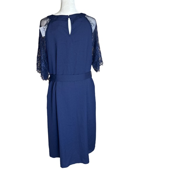 Bloomchic Dress Solid Keyhole‎ Round Neck Pocket Lace Sleeves Navy - Picture 3 of 13